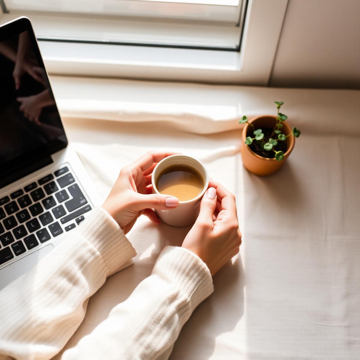Reader holding a warm mug beside a laptop with a small potted plant, morning light